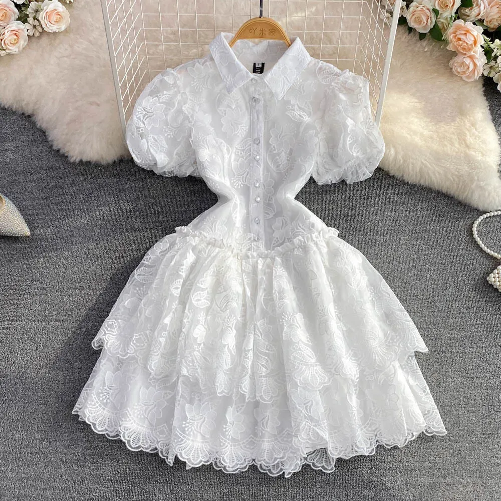 Women Fashion Elegant Lace Embroidery Lapel Single-Breasted Ruffled Dress - Image 4