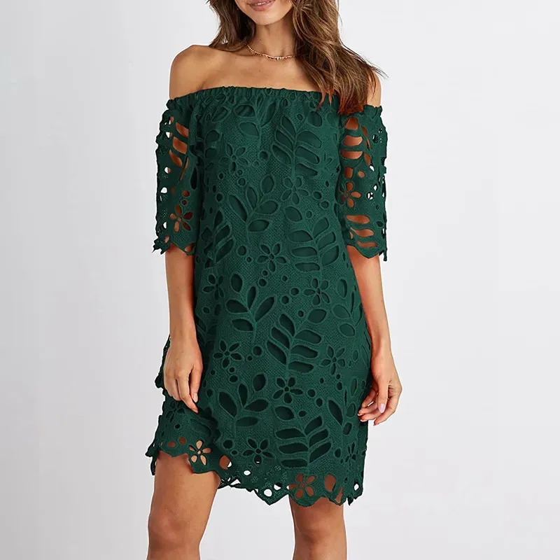 Women Fashion Elegant Solid Color Lace Mid-Sleeve Off Shoulder Dress