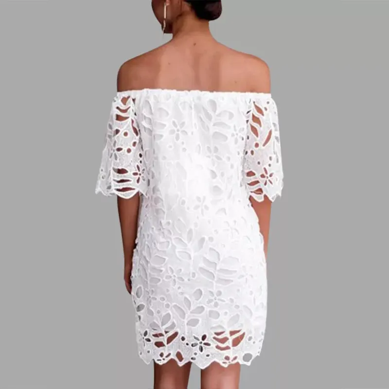 Women Fashion Elegant Solid Color Lace Mid-Sleeve Off Shoulder Dress - Image 4