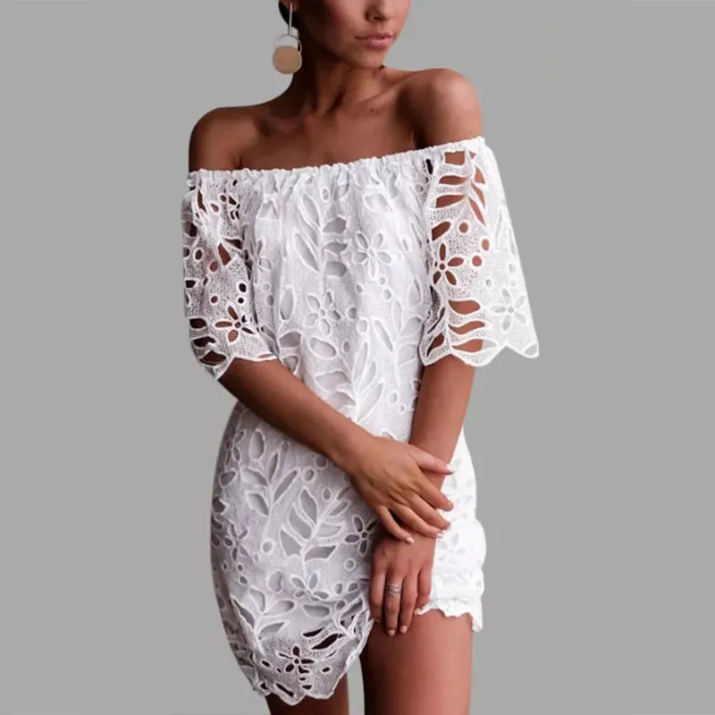 Women Fashion Elegant Solid Color Lace Mid-Sleeve Off Shoulder Dress - Image 5