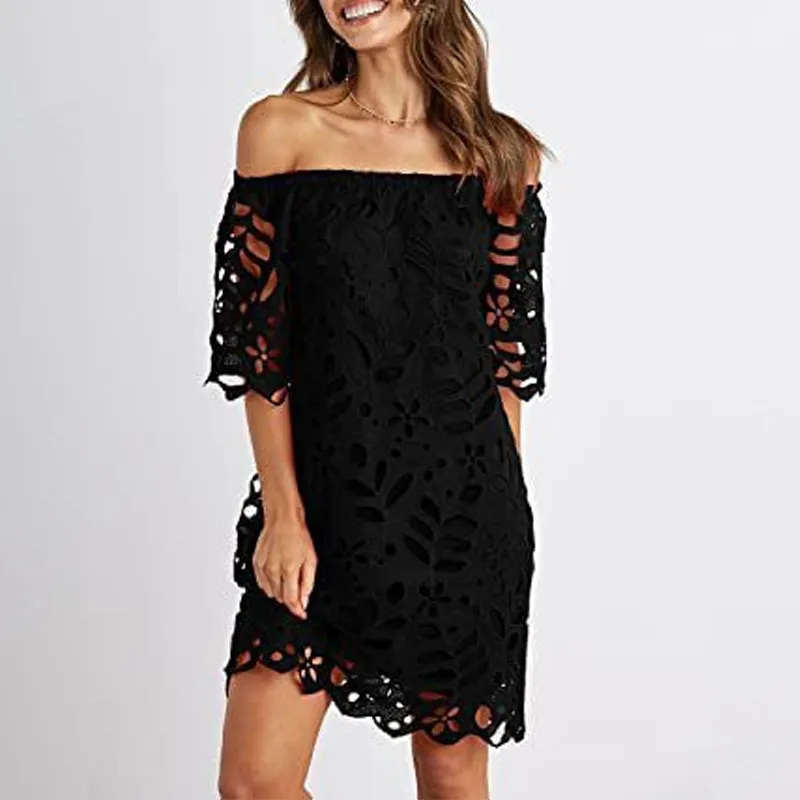 Women Fashion Elegant Solid Color Lace Mid-Sleeve Off Shoulder Dress - Image 6