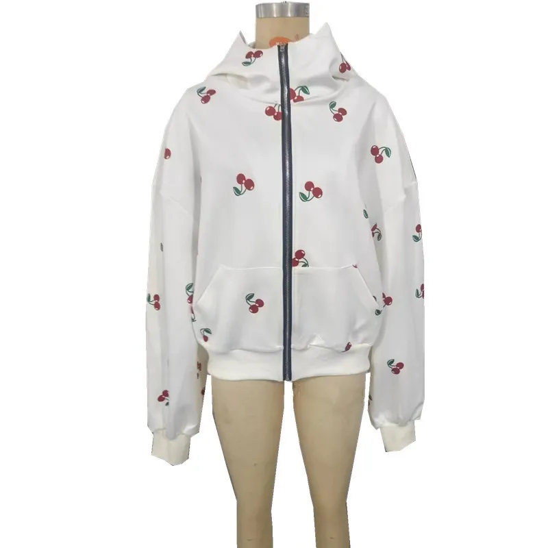 Cherry Printed Women Street Fashion Loose Sports Zipper Hoodie - Image 6