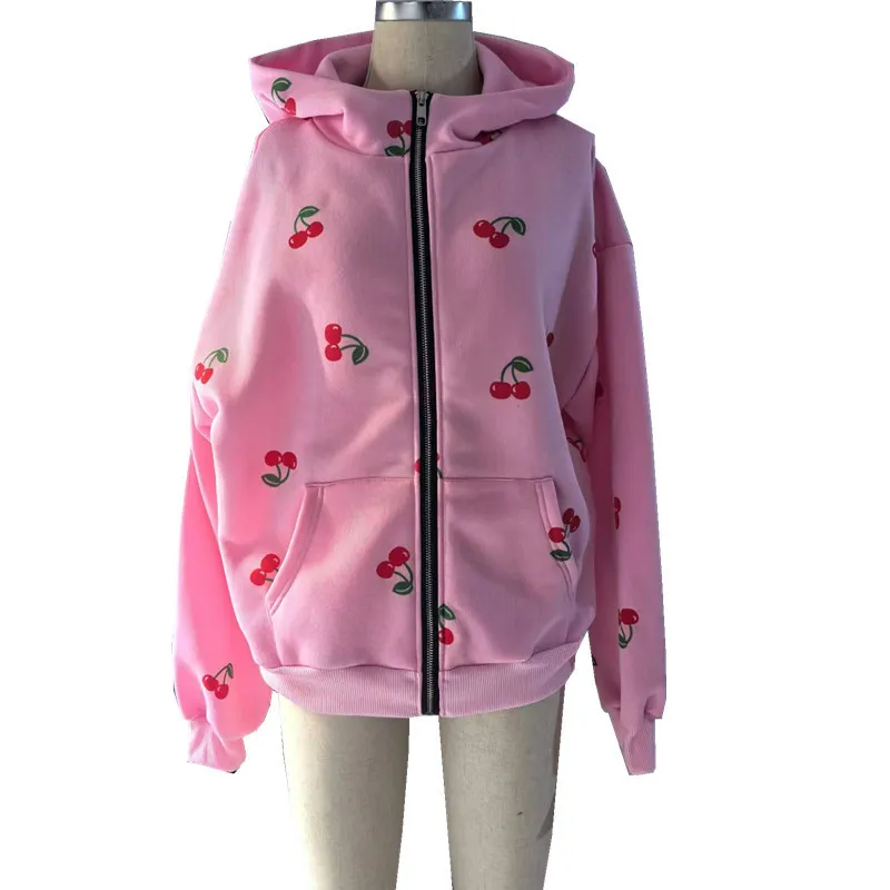 Cherry Printed Women Street Fashion Loose Sports Zipper Hoodie - Image 7
