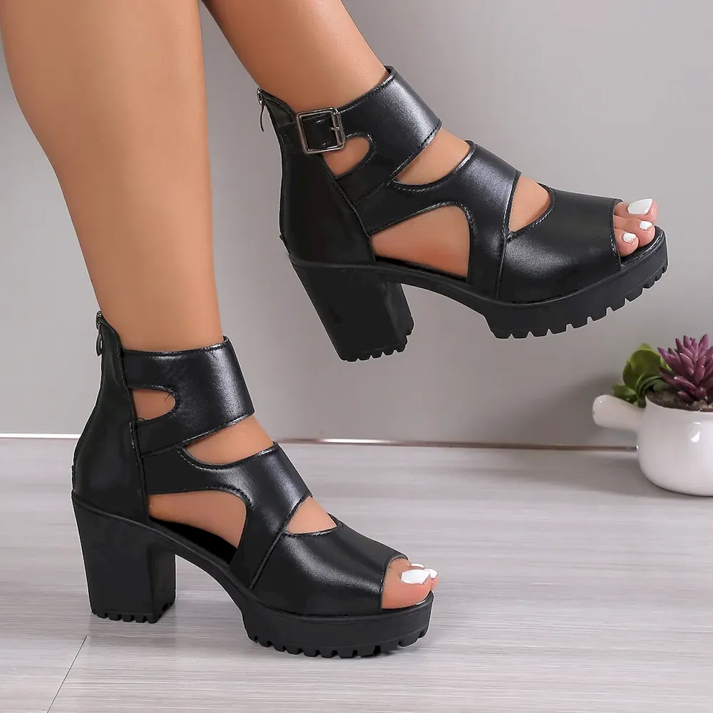 Women Fashion Casual Solid Color Peep-Toe Waterproof Platform High Heel Shoes