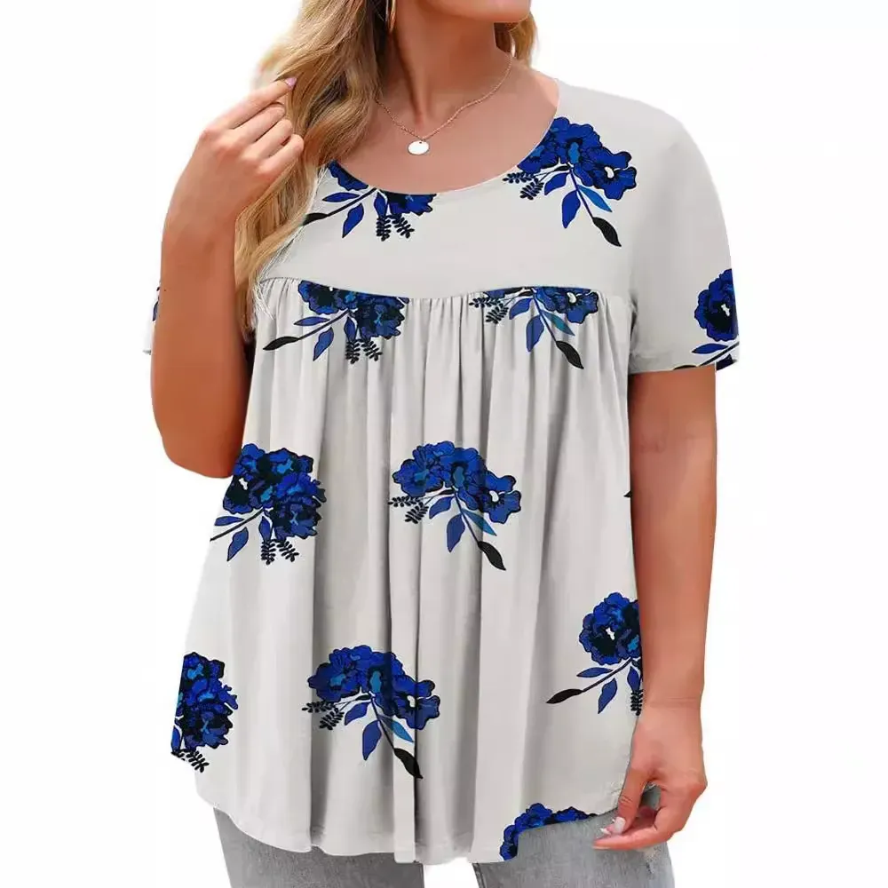 Women Fashion Casual Plus Size Floral Printed Short Sleeve T-Shirt