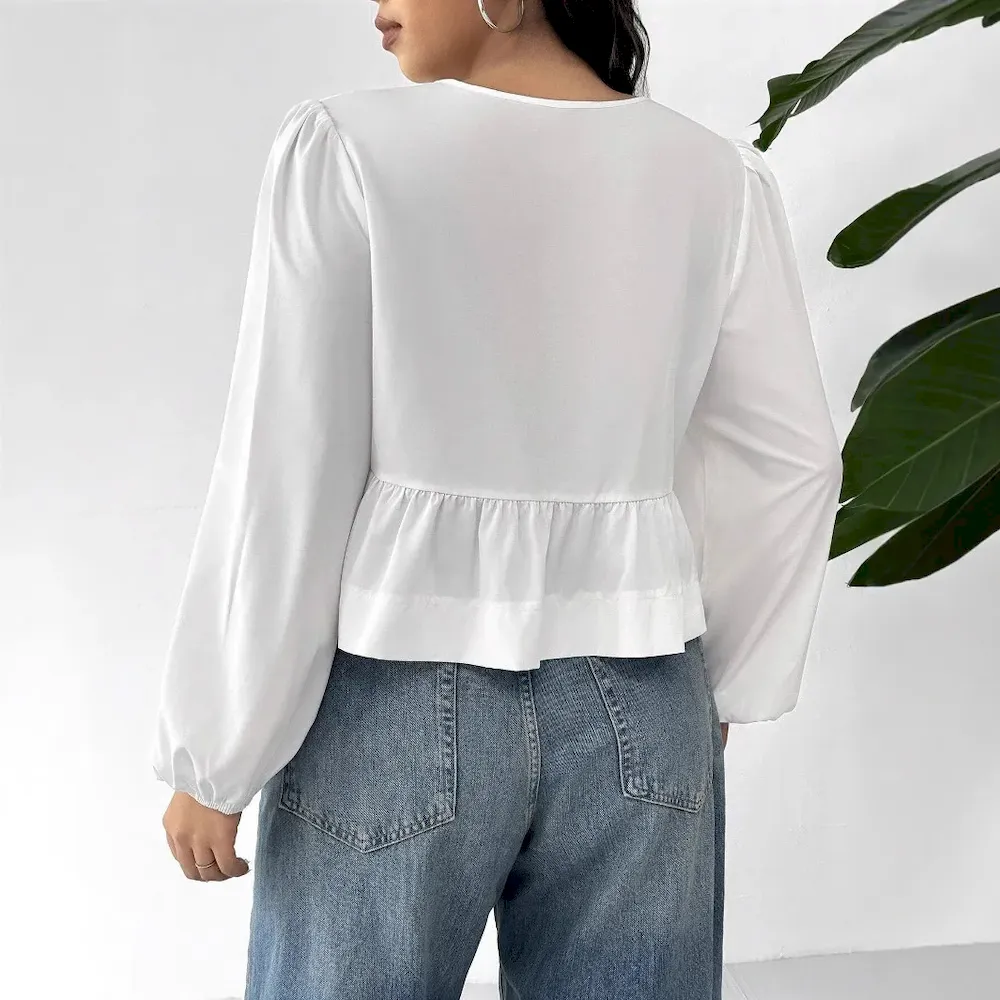 Women Fashion Elegant Plus Size Solid Color Bowknot Long Sleeve Pleated Blouse - Image 3