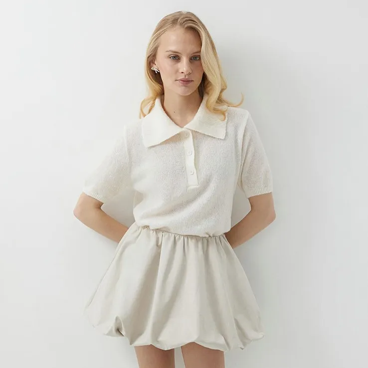 Women Fashion Casual Solid Color Hollow-Out Lapel Short-Sleeve Knitwear - Image 5