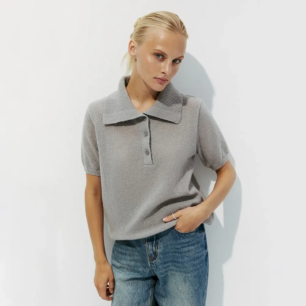 Women Fashion Casual Solid Color Hollow-Out Lapel Short-Sleeve Knitwear - Image 8