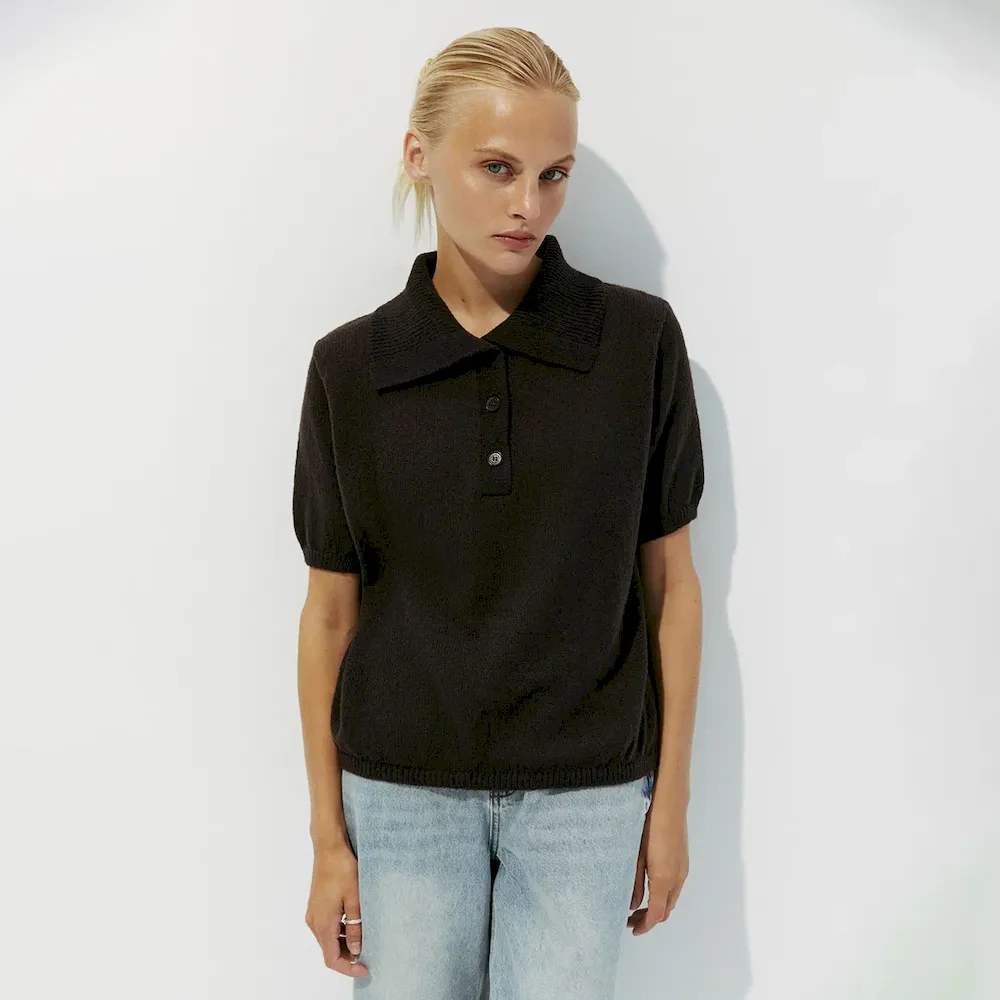 Women Fashion Casual Solid Color Hollow-Out Lapel Short-Sleeve Knitwear - Image 9