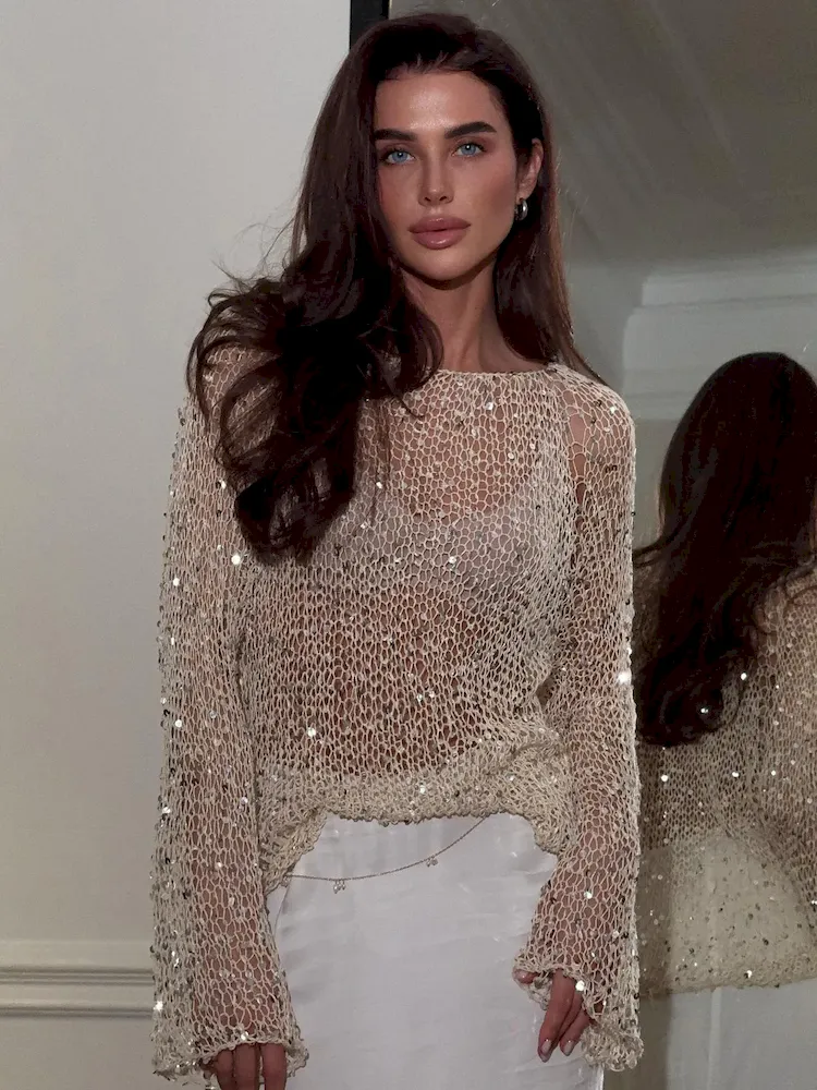 Women Fashion Sexy Sequin Hollow-Out Slim-Fit Long Sleeve Knitwear - Image 3