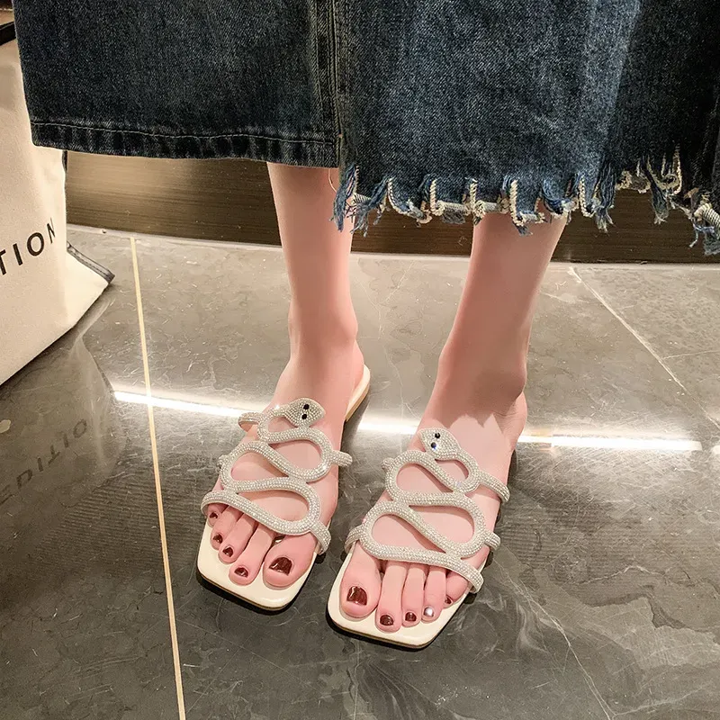 Women Fashion Casual Snake-Shaped Rhinestone Square-Toe Flat Slippers