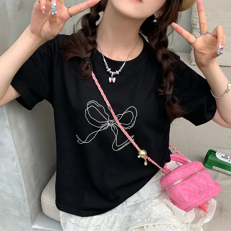 Women Fashion Casual Bowknot Printed Short-Sleeve Loose T-Shirt