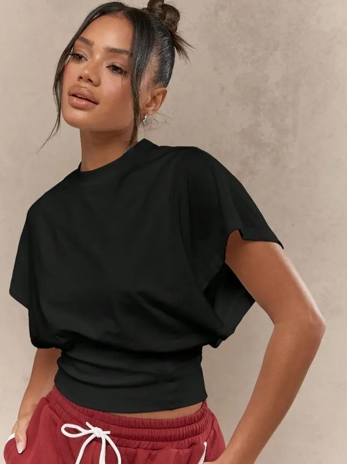 Women Fashion Casual Solid Color Short-Sleeve Tight Waist T-Shirt - Image 3