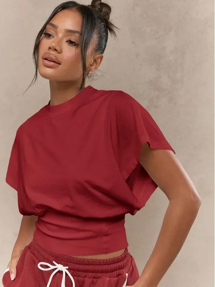 Women Fashion Casual Solid Color Short-Sleeve Tight Waist T-Shirt - Image 5