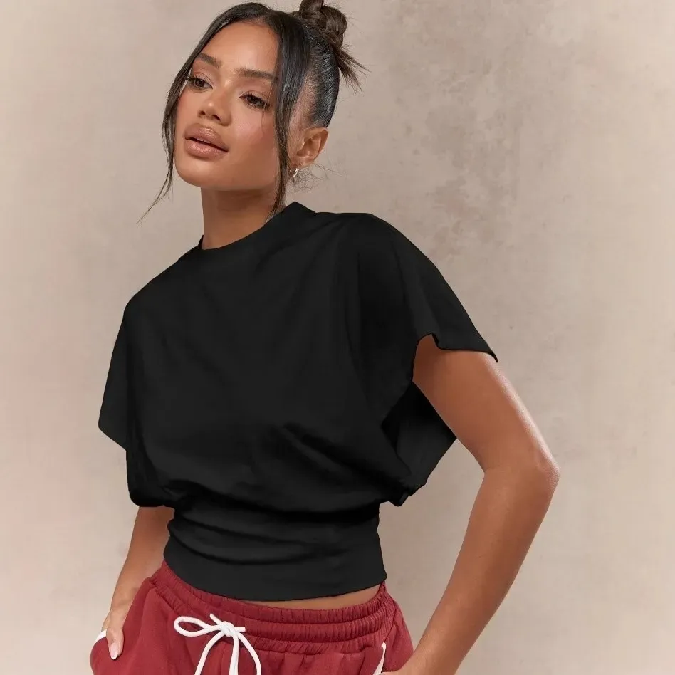 Women Fashion Casual Solid Color Short-Sleeve Tight Waist T-Shirt - Image 8