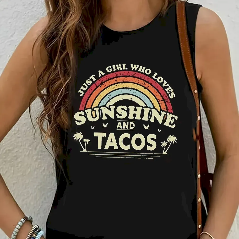 Women Fashion Casual Printed Round Neck Sleeveless Tank Top