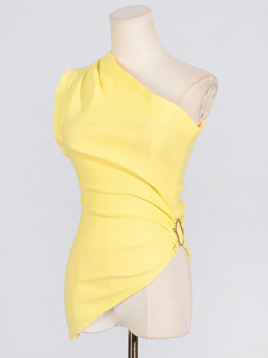 Women Fashion Sexy Solid Color Pleated Metal Buckle Slant Shoulder Sleeveless Tank Top - Image 3