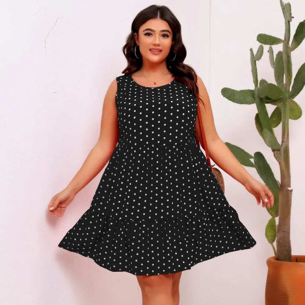 Women Casual Plus Size Dot Print Round Neck Sleeveless Loose Dress