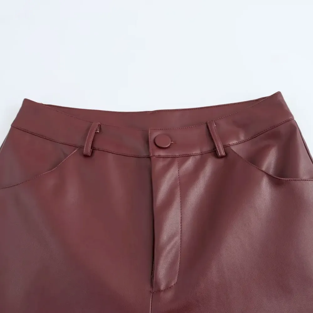 Women Fashion Casual High Waist Loose Leather Stitching Wide-Leg Pants - Image 3