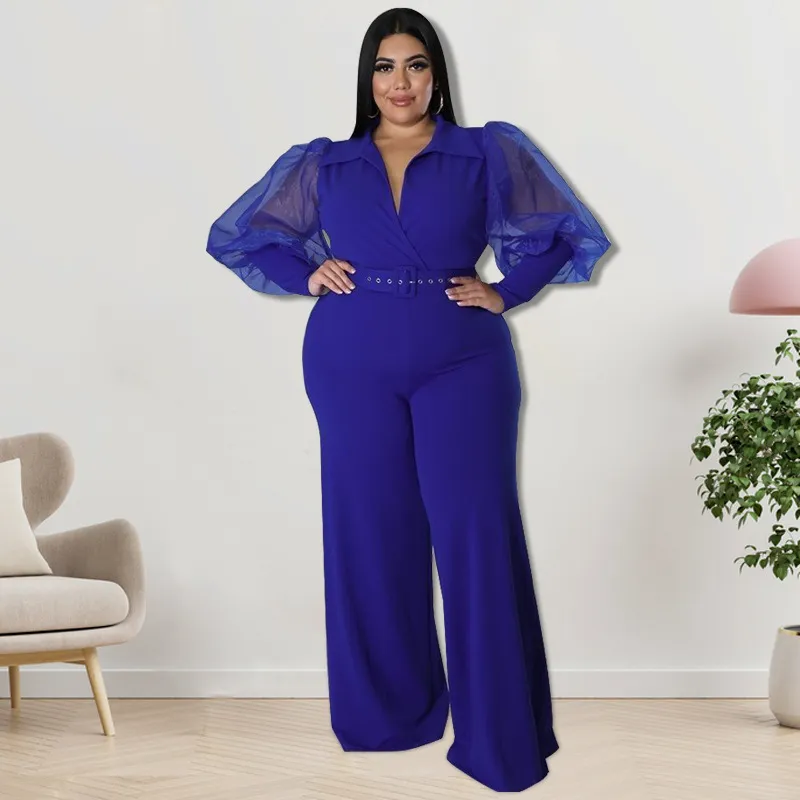 Plus Size Women Color Contrast Collar Jumpsuits