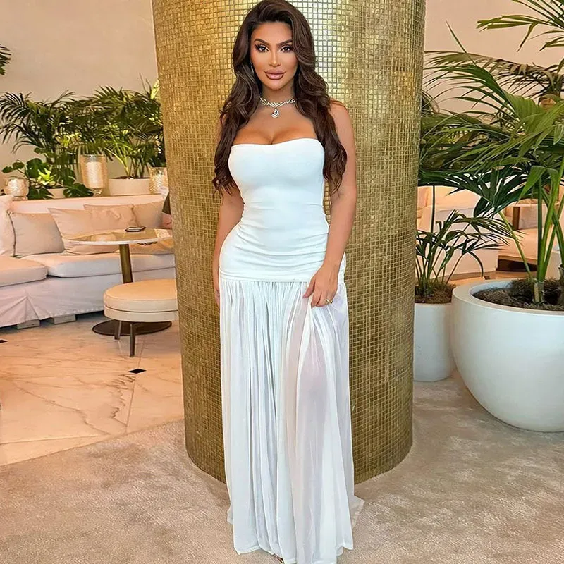 Women Fashion Sexy Solid Color Tube Maxi Dress