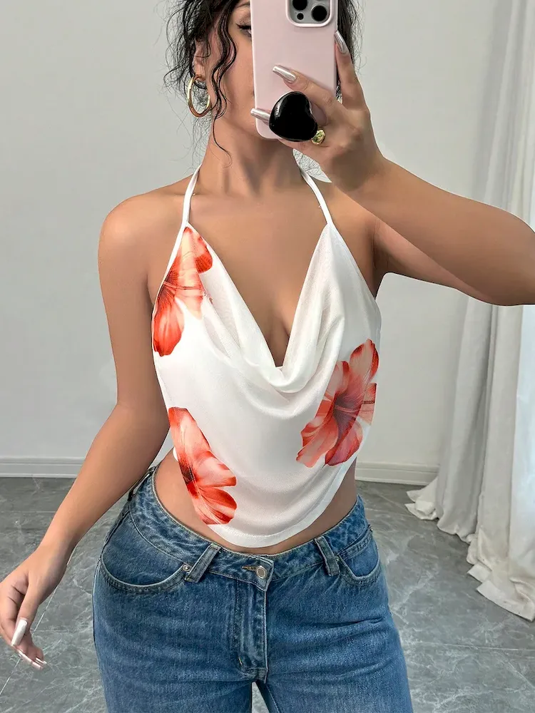 Sexy Women Summer Holiday Style Floral Halter Neck Camis - Image 5