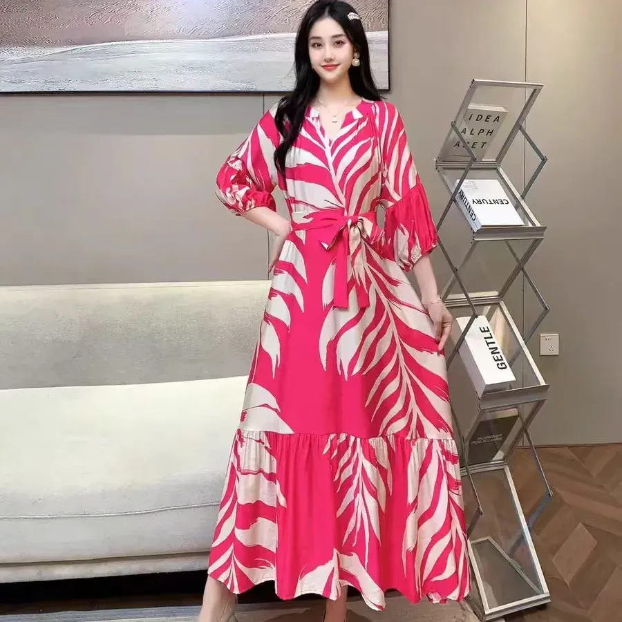 Women Fashion Casual Chiffon Printed V-Neck Lantern Sleeve Lace-Up Loose Dress