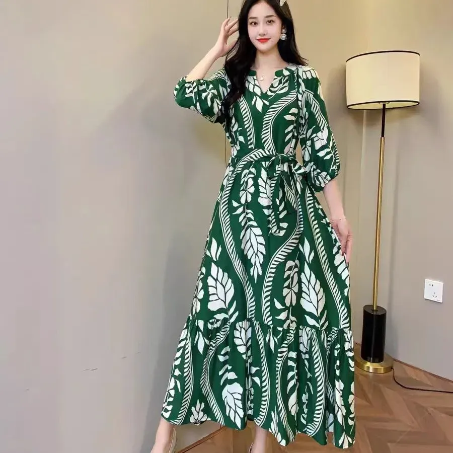 Women Fashion Casual Chiffon Printed V-Neck Lantern Sleeve Lace-Up Loose Dress - Image 3