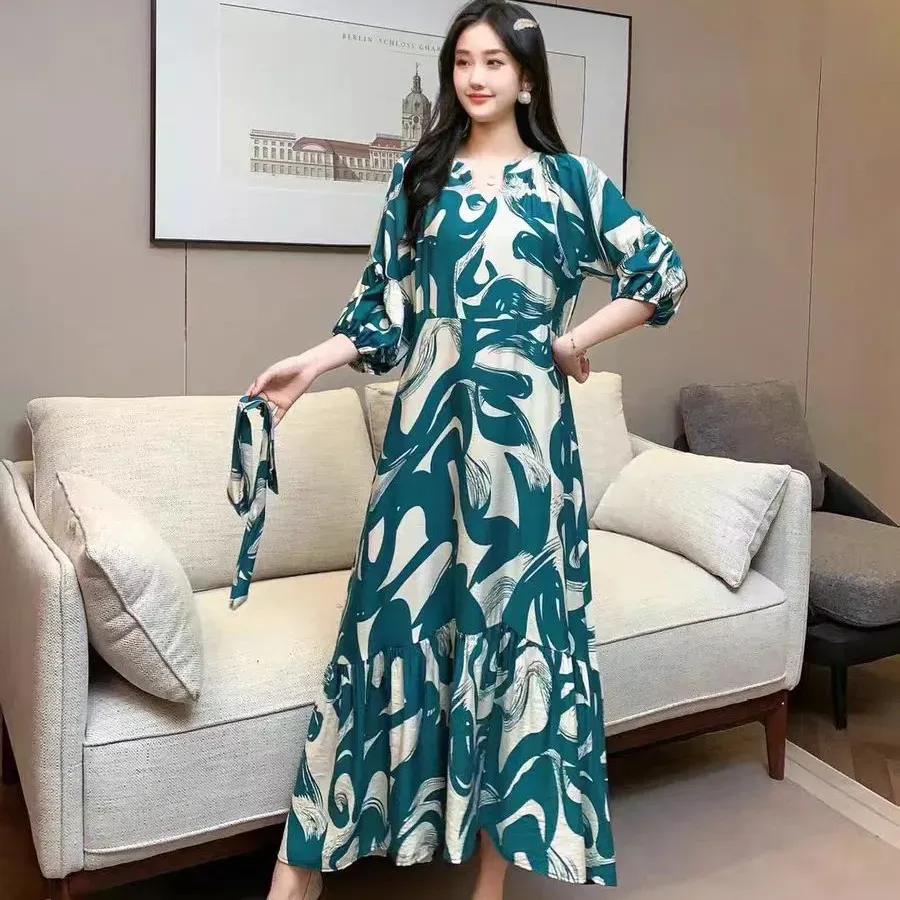 Women Fashion Casual Chiffon Printed V-Neck Lantern Sleeve Lace-Up Loose Dress - Image 5