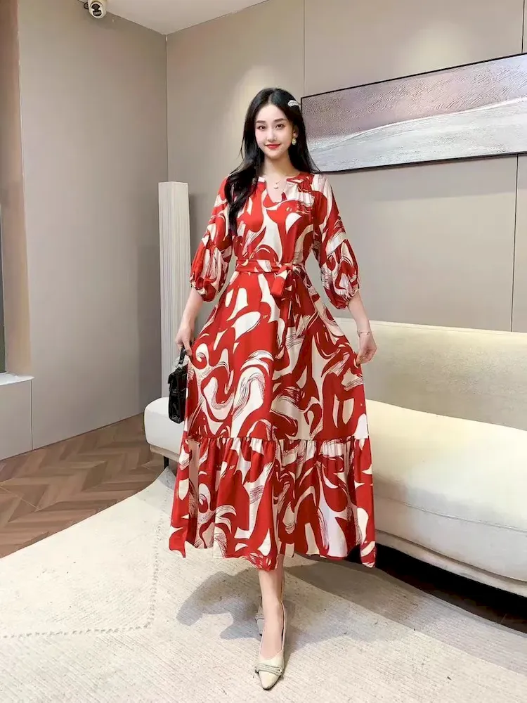 Women Fashion Casual Chiffon Printed V-Neck Lantern Sleeve Lace-Up Loose Dress - Image 8