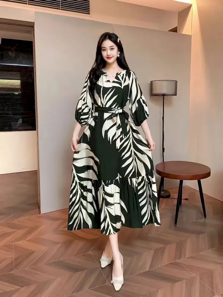 Women Fashion Casual Chiffon Printed V-Neck Lantern Sleeve Lace-Up Loose Dress - Image 9