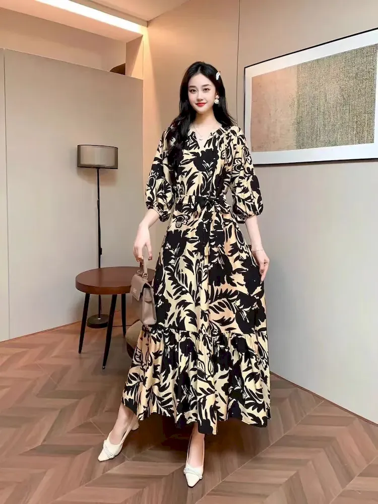 Women Fashion Casual Chiffon Printed V-Neck Lantern Sleeve Lace-Up Loose Dress - Image 10