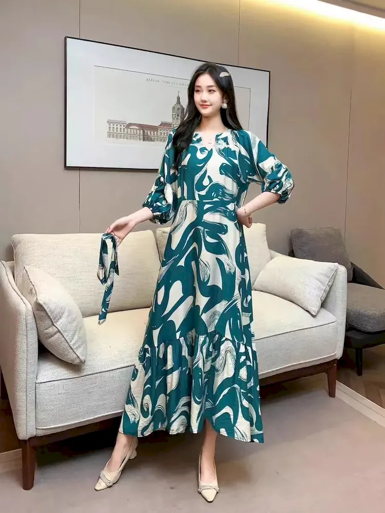 Women Fashion Casual Chiffon Printed V-Neck Lantern Sleeve Lace-Up Loose Dress - Image 13