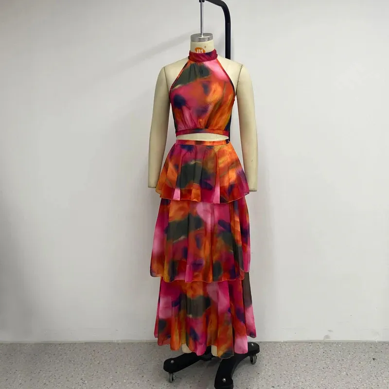 Women Fashion Elegant Printed Round Neck Sleeveless Ruffled Dress - Image 4