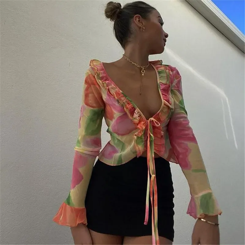 Women Fashion Sexy Printed Perspective Deep V-Neck Long Sleeve Crop Top