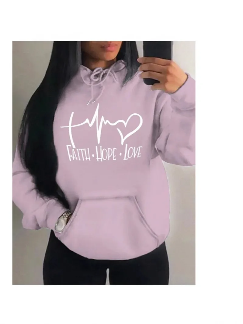 Women Fashion Casual Printed Long-Sleeve Pockets Drawstring Hoodies - Image 2