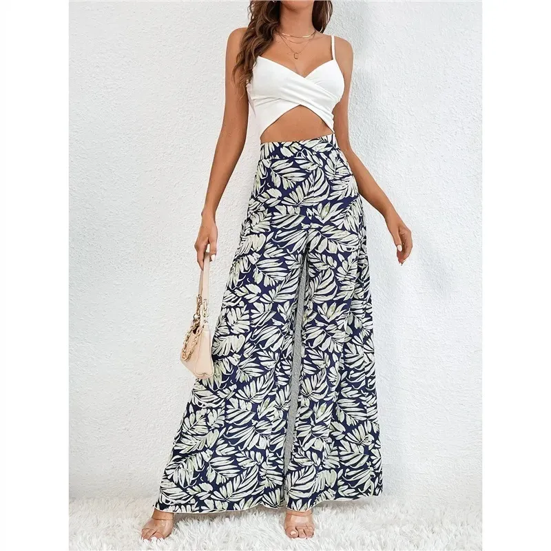 Women Fashion Casual Chiffon Floral Printed High Waist Wide Leg Pants - Image 5