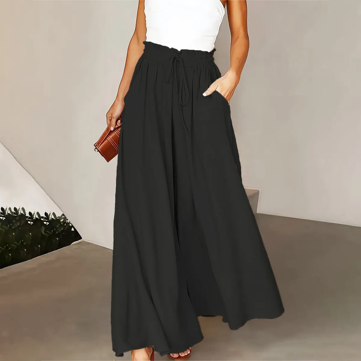 Women Casual Solid Color High Waist Wide Leg Pants - Image 6