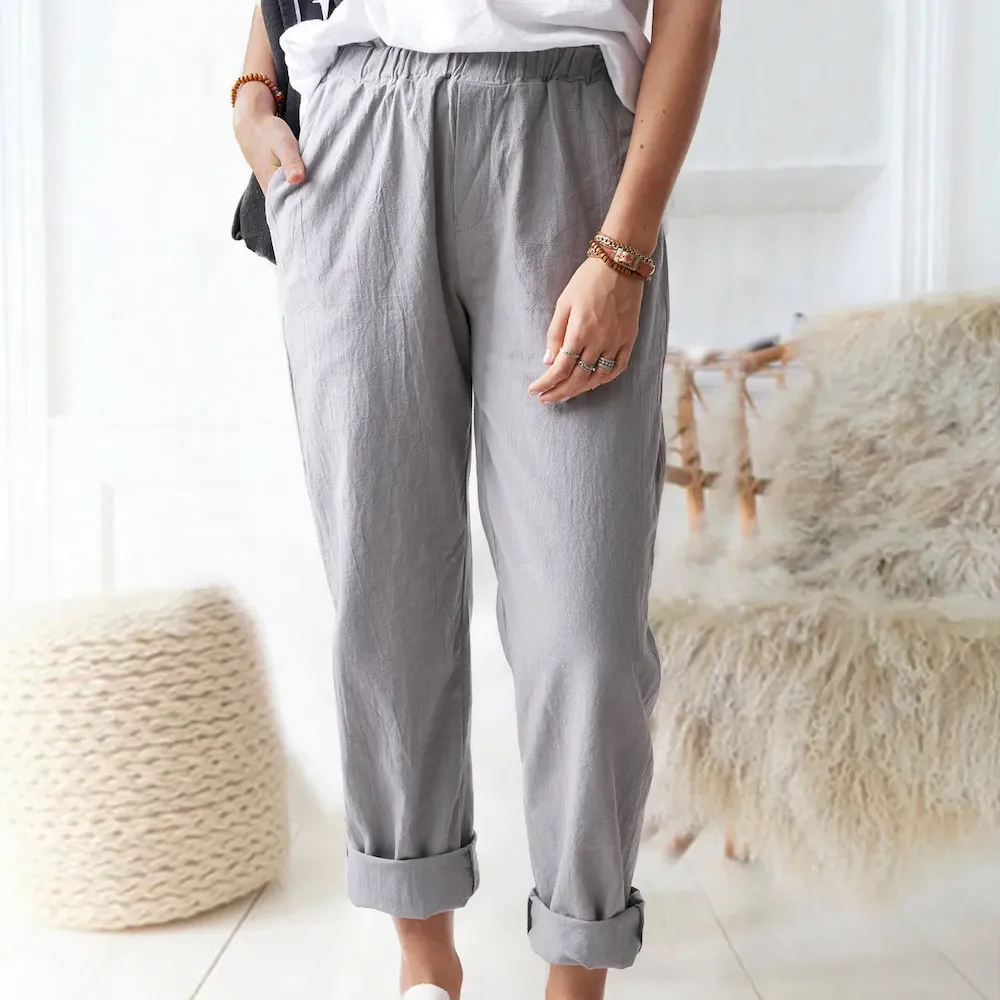 Women Casual Solid Color Cotton And Linen High Waist Pants