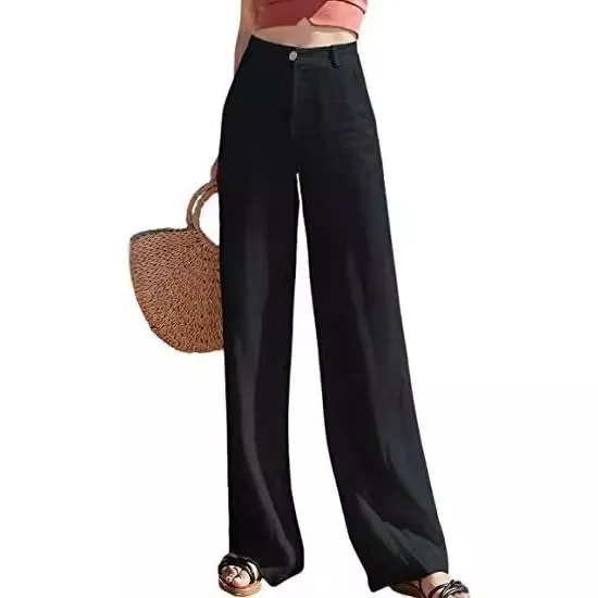 Women Casual Solid Color Cotton And Linen Wide Leg High Waist Straight Pants - Image 3