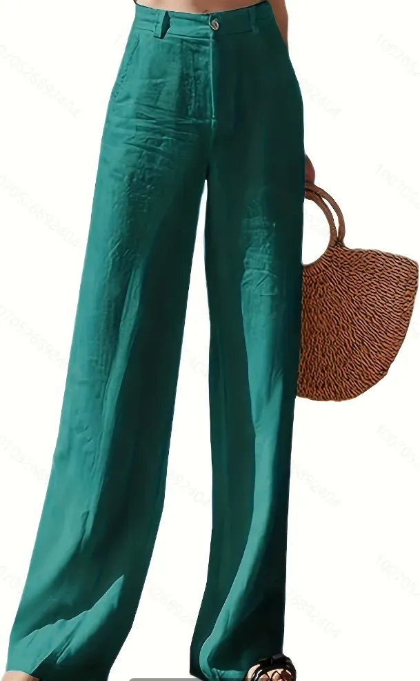 Women Casual Solid Color Cotton And Linen Wide Leg High Waist Straight Pants - Image 6