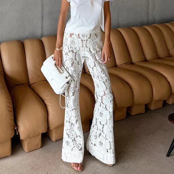Women Fashion Sexy Lace Jacquard Hollow-Out Flared Pants