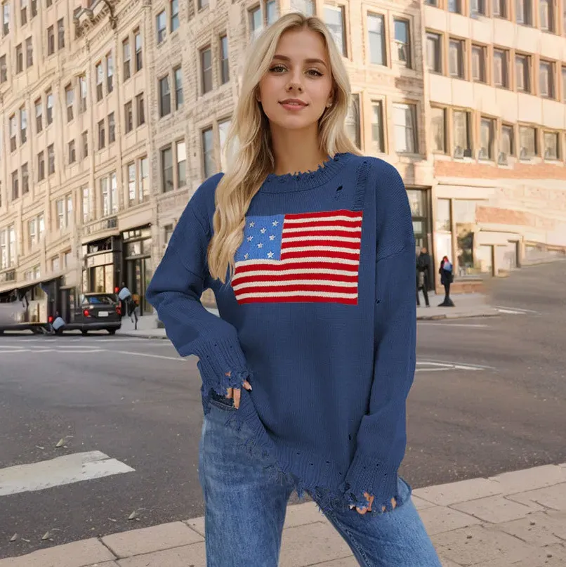 Women Fashion Casual Independence Day National Flag Long-Sleeve Sweater