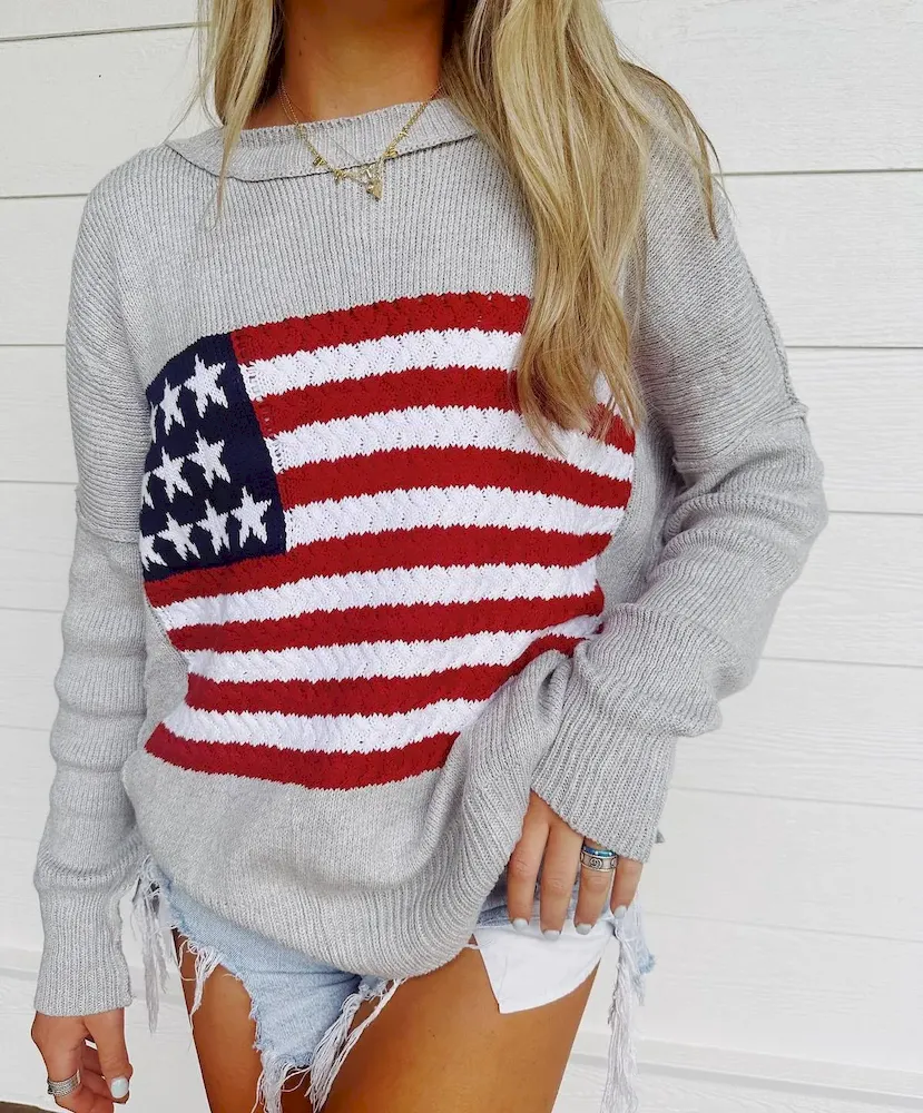 Women Fashion Casual Five-Pointed Star Stripe Flag Long-Sleeve Sweater - Image 3