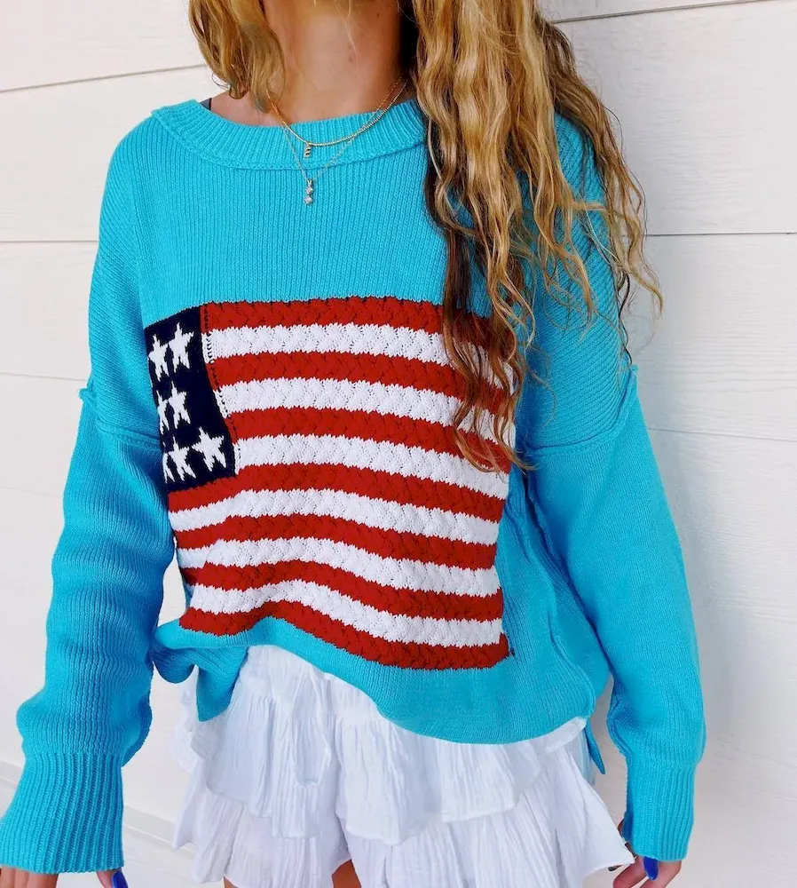 Women Fashion Casual Five-Pointed Star Stripe Flag Long-Sleeve Sweater - Image 7