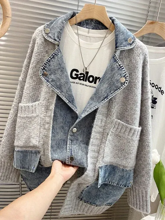 Women Fashion Distinctive Stitching Knitted Denim Jacket - Image 2