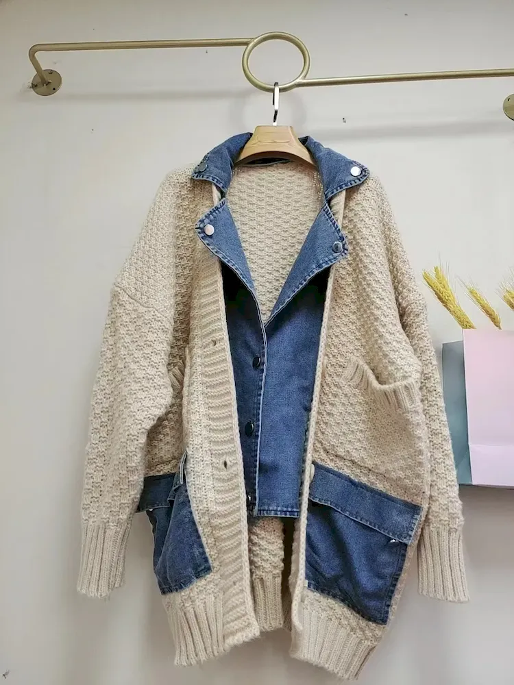 Women Fashion Distinctive Stitching Knitted Denim Jacket - Image 4