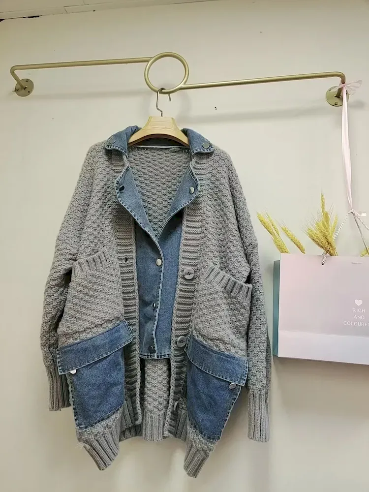 Women Fashion Distinctive Stitching Knitted Denim Jacket - Image 5