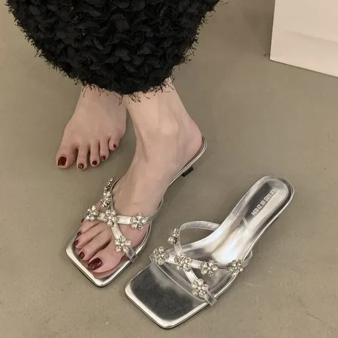 Women Fashion Elegant Rhinestone Square Toe Mid-Heel Sandals
