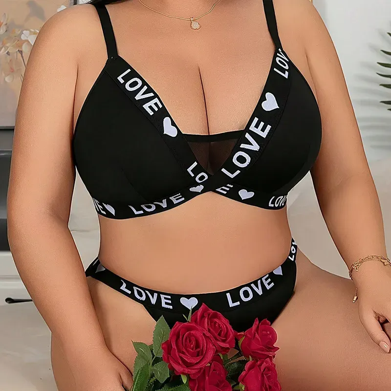 Plus Size Women Sexy Letter Print Underwear Two-Piece Set